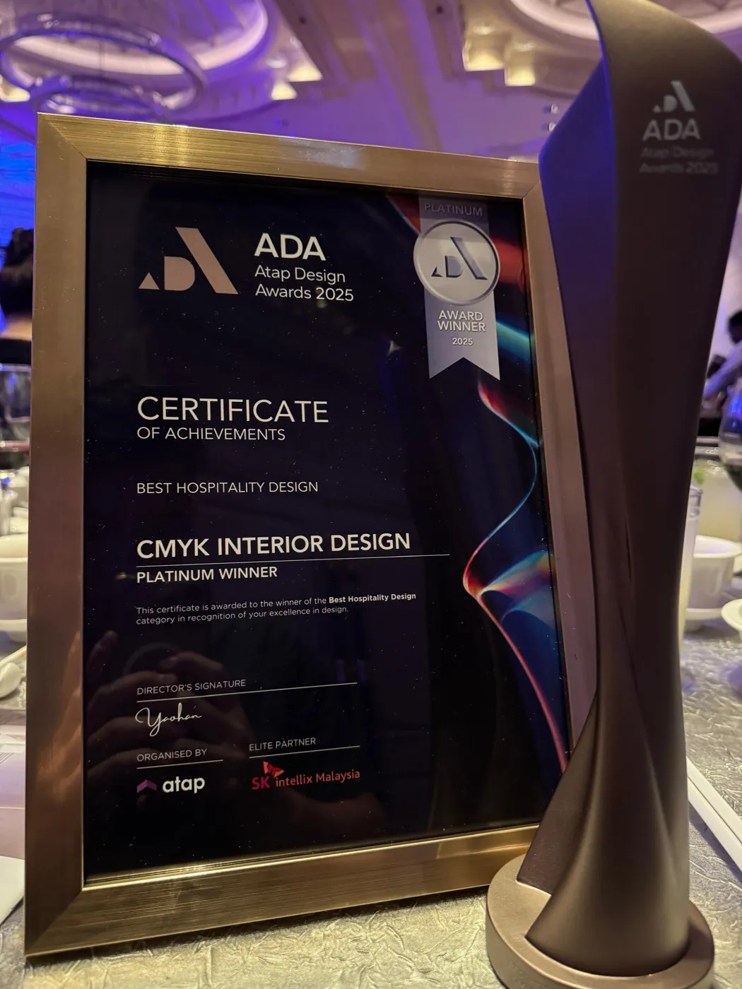 Platinum winner certificate and trophy, Best Hospitality Design, Atap Design Awards 2025
